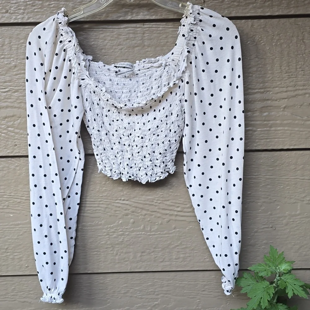 Urban Outfitters Super Soft Polka Dot Smoked Cropped Long Sleeve Top Small S - Picture 6 of 11